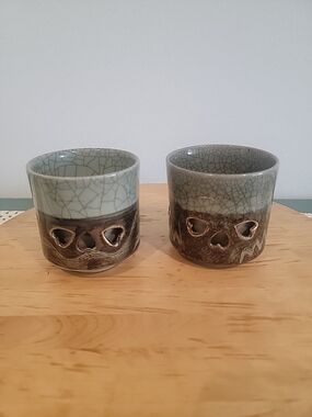 Rare Vintage Japanese Somayaki double-wall Soma Ware crackle glaze cup